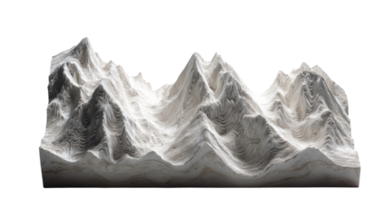 A sculpted relief of mountain ranges, light beige and gray tones