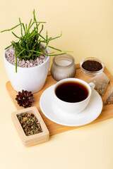 Cup of black tea, home plant rhipsalis, candle and tea leaves in a beautiful composition on beige background. Tea time. Tasty hot tea. Cozy atmosphere.