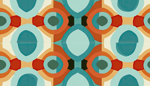 Abstract geometric pattern, repeating circular shapes in teal, orange, beige, and red colors
