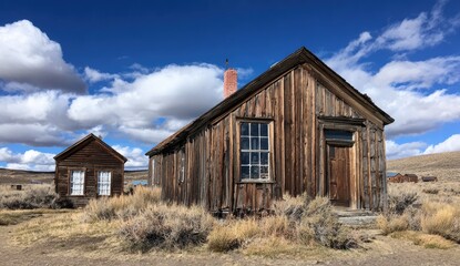 Wooden buildings in a dry, sunny landscape