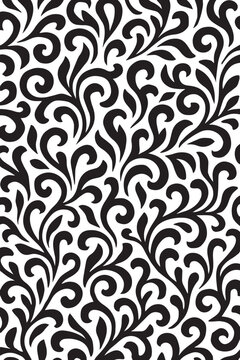 Elegant black swirling floral vine pattern on a white background creating a classic and decorative ornamental motif