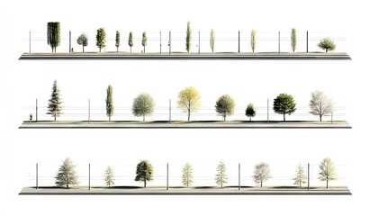 Three rows of trees along a road, various types and sizes, on a white background