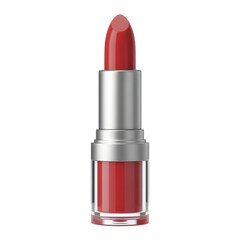 Red lipstick in a silver tube isolated on transparent background for makeup