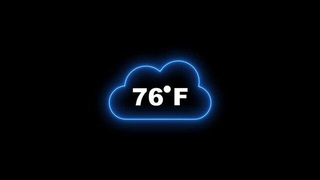Blue neon cloud icon showing 76 degrees Fahrenheit against a black backdrop weather temperature