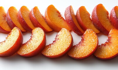 Fresh peach slices arranged in a line