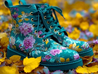 Stylish teal combat boots with floral pattern resting on vibrant autumn leaves. Fashionable fall footwear concept combining bold colors, seasonal vibes, and modern style.