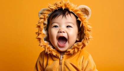 Laughing Child in Lion Costume on Bright Orange Background Joyful and Playful Expression