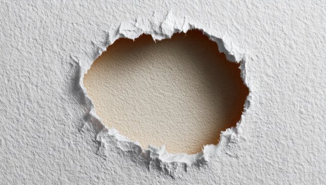 A circular hole punched through textured white paper, revealing a pale beige interior