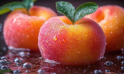 Close-up of three peaches with water droplets