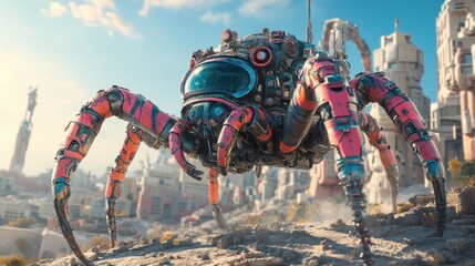 Robotic spider creature traverses a futuristic city landscape under a clear blue sky