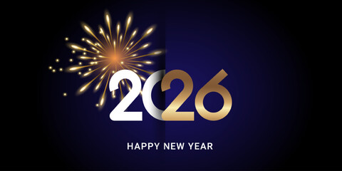  New Year's banner with fireworks for 2026 on a dark blue background. Vector illustration.
