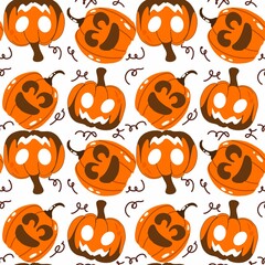 Seamless Pumpkin Pattern with Funny Expressions