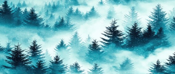 Misty teal forest scene with dark evergreen trees