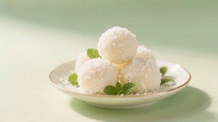 A plate of exquisitely arranged coconut ball desserts, decorated with green leaves, is suitable as a delightful afternoon tea treat, fully showing sweetness and deliciousness.