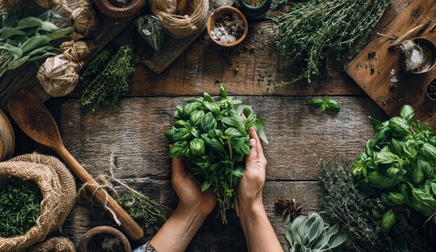 Hands holding fresh basil, surrounded by herbs and spices on a rustic wooden table