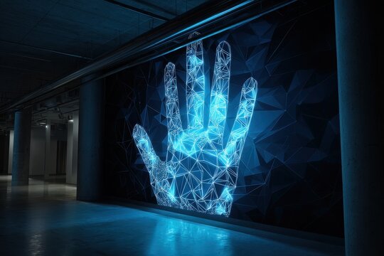 Abstract Digital Handprint, Futuristic Glow, Modern Art Installation.