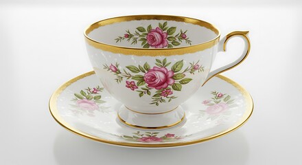 Fototapeta premium Elegant Floral Teacup and Saucer Set with Gold Trim.