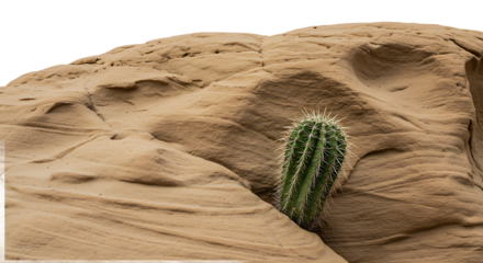 A solitary green cactus thrives in a rugged desert landscape with sandstone rock formations
