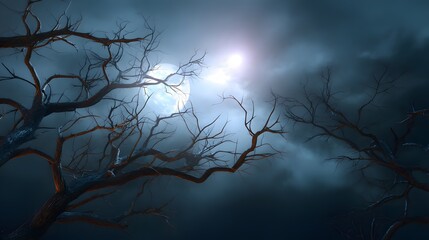 Spooky Halloween scene with tall twisted tree silhouettes under a glowing full moon, mist drifting through branches, eerie night atmosphere, empty sky for poster and flyer design