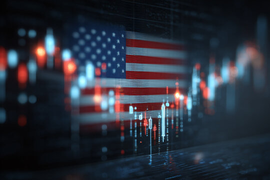 Transparent American flag overlay on glowing cryptocurrency candlestick chart, futuristic digital screen symbolizing U.S. crypto market regulation
