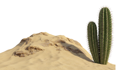 Tall green cactus stands beside a sandy desert hill against a stark black background