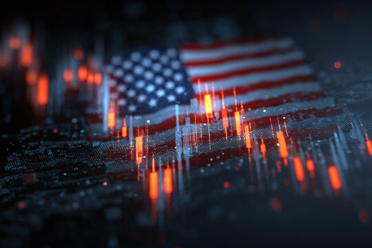 Transparent American flag overlay on glowing cryptocurrency candlestick chart, futuristic digital screen symbolizing U.S. crypto market regulation - Powered by Adobe