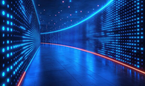 Futuristic tunnel with glowing LED panels