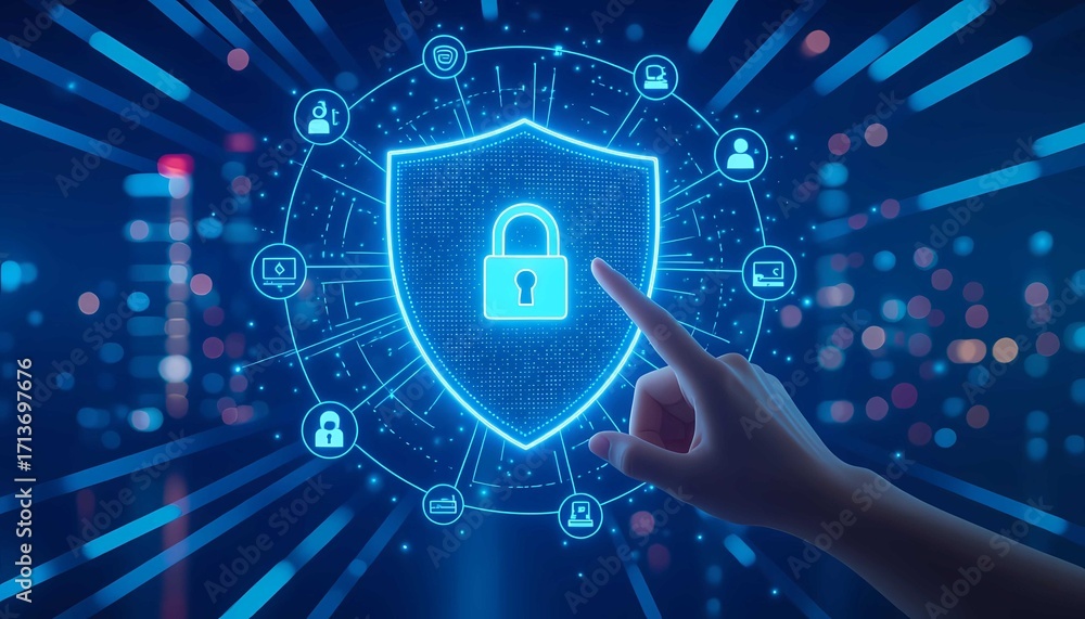 Poster hand touches virtual shield ensuring secure network data protection online