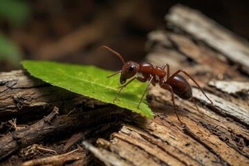 Leaf-cutter ant carrying a piece of leaf across a tree log in the forest, symbol of hard work and determination