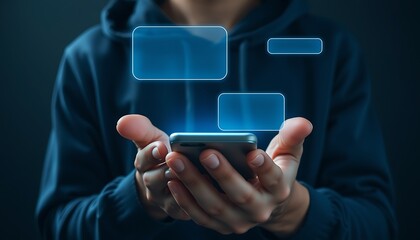 Person holding smartphone with empty glowing blue digital interface windows for data input mobile