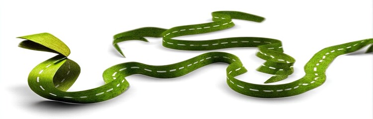 Winding, green ribbon with white dashed lines, resembling a road,  is in motion against a white background