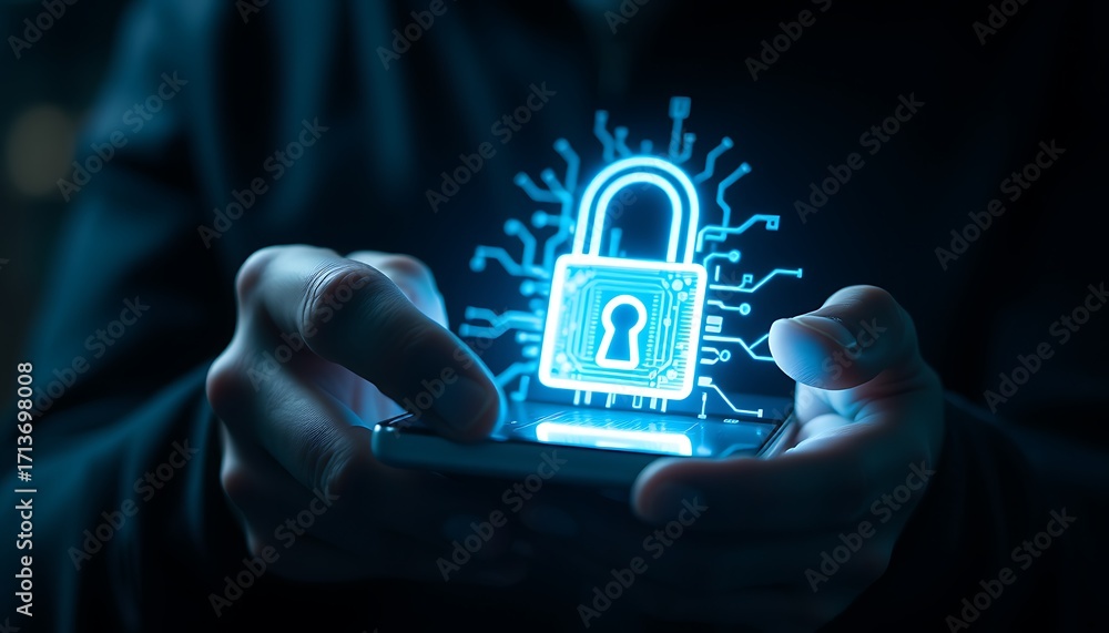 Poster person holding smartphone displaying glowing digital padlock with circuit board design security data