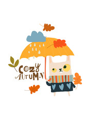 Cute Bunny in Sweater standing in the Rain Under an Umbrella.