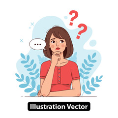 Woman contemplating with question marks and thought bubble A vector illustration of uncertainty