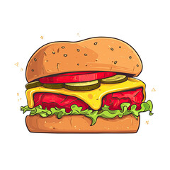 Cartoon hamburger with cheese, lettuce, tomato, and pickles