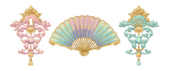 Decorative Asian-Inspired Fans in Soft Pastel Colors with Elegant Accents