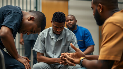 Young man sitting with head bowed and hands clasped receiving support from another man, during group therapy session in prison with Black man observing in background