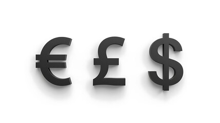 Minimal 3D Currency Symbols in Matte Black on White Background