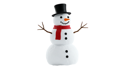 A cheerful snowman wearing a black top hat and red scarf stands against a solid black background
