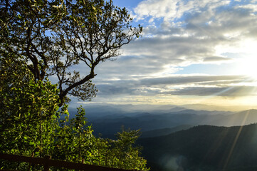 Landscape Sunset in Twilight time Over the Mountains in the Evening  at Doi Suthep-Pui National Park,Chiang mai, Northern Thailand.