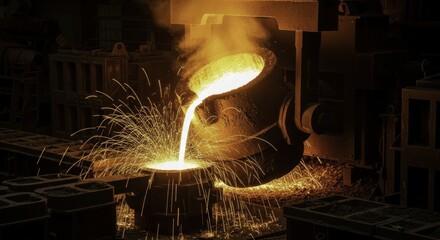 Molten metal pouring from a ladle into a mold in a dark industrial foundry, illuminated by brilliant and yellow light and a cascade of fiery sparks, showcasing heavy industry.