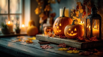 Obraz premium atmospheric photo of halloween pumpkin in autumn forest. pumpkin. halloween. autumn atmosphere