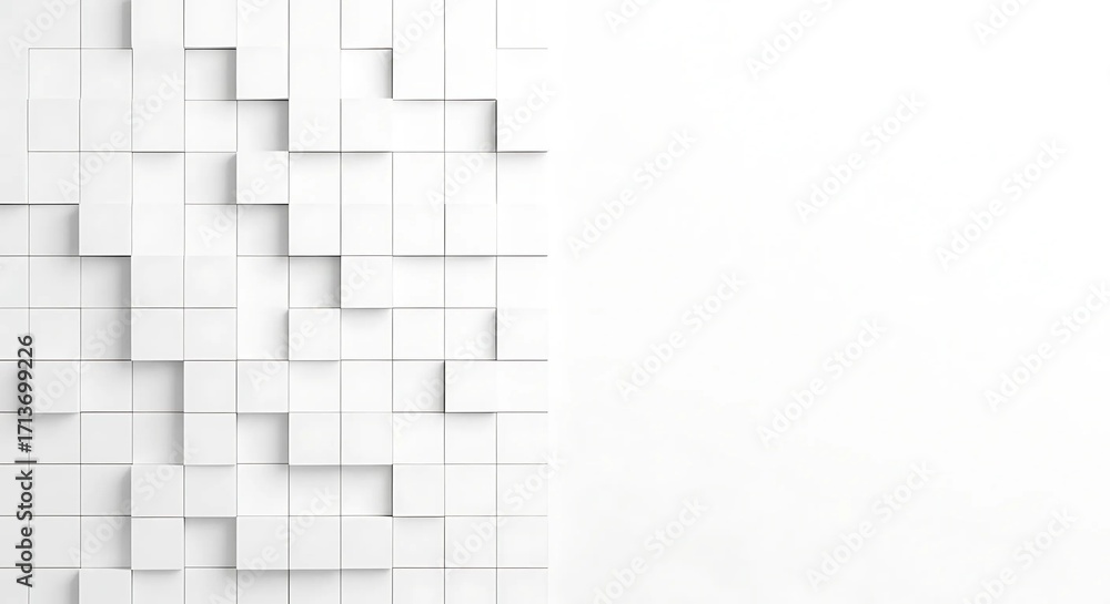 Poster white cubes arranged in a geometric pattern on the left