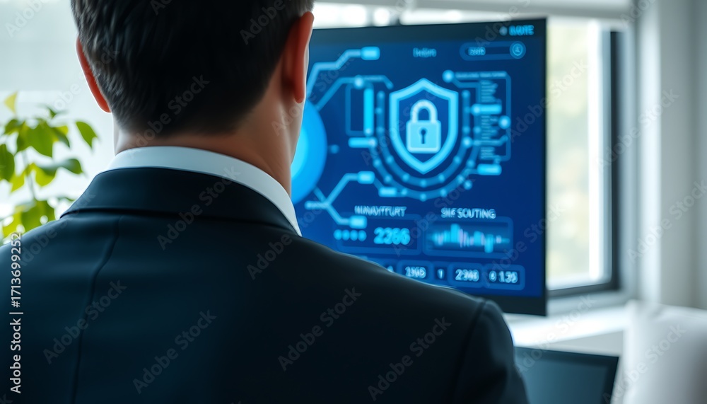 Poster person in suit viewing computer screen with digital shield, padlock and cybersecurity metrics data p