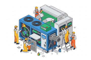 "Industrial HVAC System Servicing with Engineers Checking Controls and Cleaning Components"
