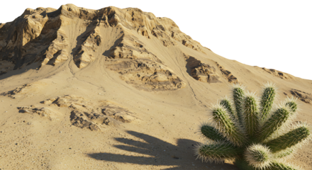 A solitary cholla cactus casts a long shadow across a sandy desert landscape with a rugged mountain in the background