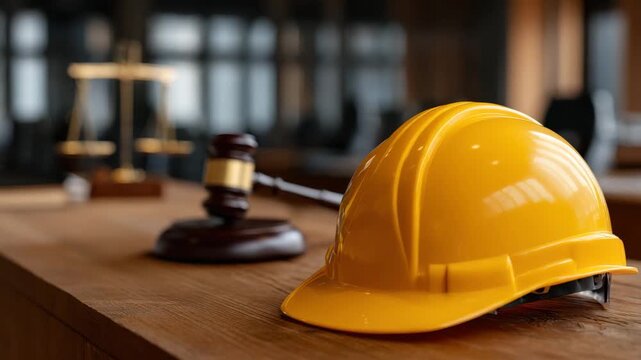 Yellow hard hat and wooden gavel wooden table with scales of justice background symbolizing construction law legal protection safety helmet courtroom law concept justice symbol and legal aspects