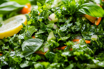 Fresh Kale Salad with Lemon and Basil: Healthy Eating Concept