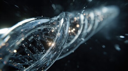 Abstract Fluid DNA Helix with Glowing Particles Against Dark Space Background.
