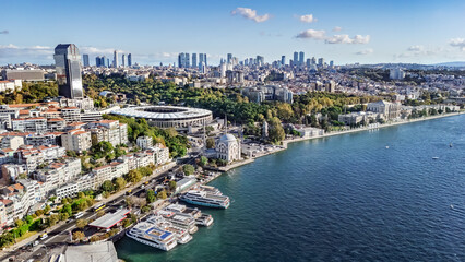 Obraz premium Aerial drone view of Istanbul cityscape and Bosphorus Channel from above, Turkey